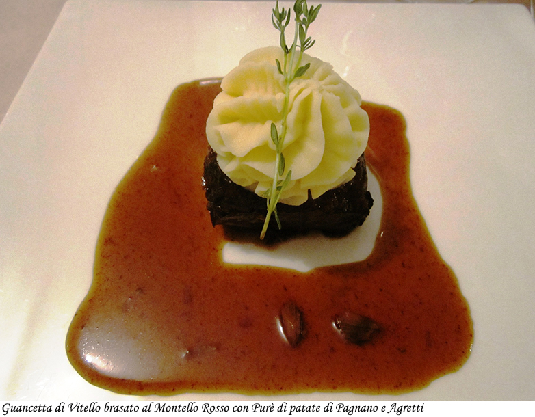 Guancetta di vitello brasato al Montello Rosso con pur&egrave; di patate di Pagnano e agretti