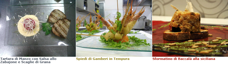 Tartara di manzo, Spiedi di gamberi, Sformatino di Baccalà