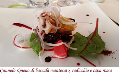 Cannolo ripieno di baccalà mantecato, radicchio e rapa rossa
