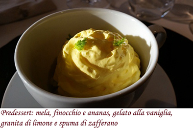 Predessert: mela, finocchio e ananas, gelato alla vaniglia, granita di limone e spuma di zafferano