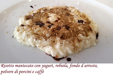 Risotto mantecato con yogurt, robiola, fondo d'arrosto, polvere di porcini e caffè