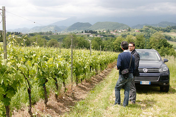 Luciano Pavesio e Nicola Ragazzo di fronte ai vigneti di Bepin de Eto