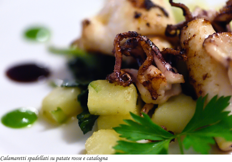 Calamaretti spadellati su patate rosse e catalogna