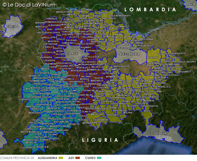 cartina dettagliata vino Doc Piemonte per le tipologie Cortese, Cortese Frizzante, Albarossa, Barbera, Barbera Frizzante, Dolcetto, Dolcetto Frizzante, Grignolino, Bonarda, Bonarda Frizzante