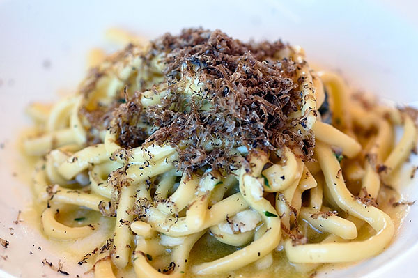 Scialatielli con battuto di spigola, crema di aglio dolce e tartufo