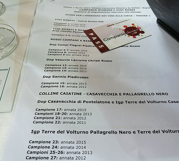 Elenco vini in degustazione