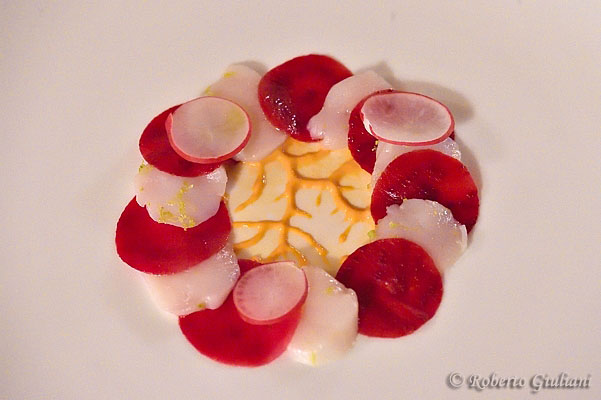 Crudi di capesante e rape alla Locanda del Pilone