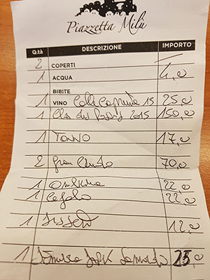Scontrino ristorante Piazzetta Milù