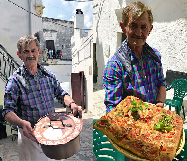 Il sig. Peppino con la callaredd e la pizza, pomodori e cardoncelli