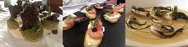 Spugna di broccoli con croccante di riso nero; Gamberi di Massafra, burrata e caviale; Crema di ceci e polipetti - Il Pizzicagnolo