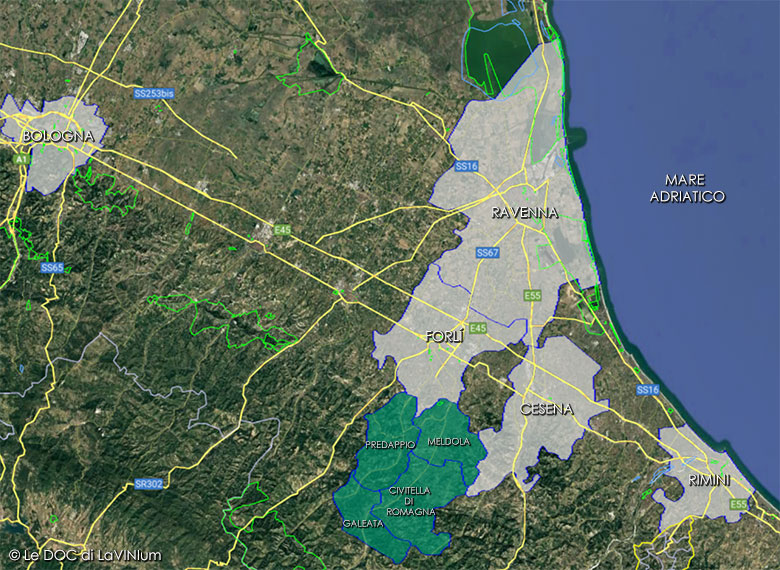 mappa vino doc Romagna sottozona Predappio
