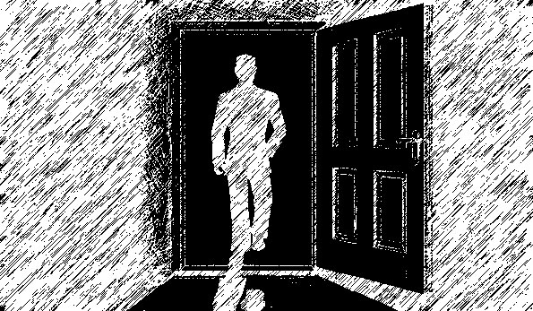 Uomo che si allontana dalla porta