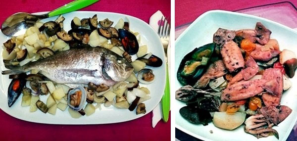Orata e totani al cartoccio con cozze e vongole