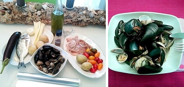 ingredienti per le Orata e totani al cartoccio con cozze e vongole