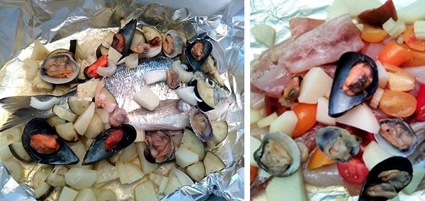 Orata e totani al cartoccio con cozze e vongole