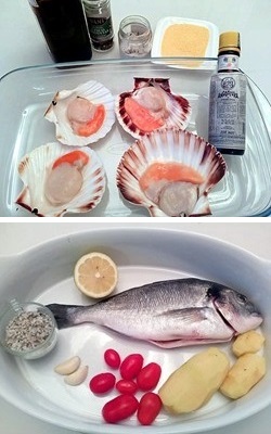 Orata con patate ai pomodorini, capesante all’angostura