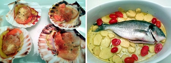 Orata con patate ai pomodorini, capesante all’angostura