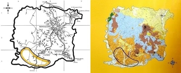 La zona più calda d'estate in evidenza sulla mappa stradale e sulla carta geolitologica di Montalcino