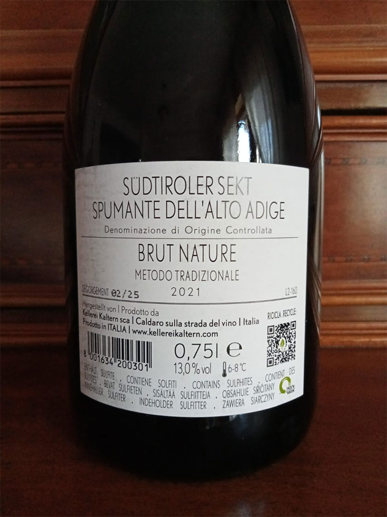 Alto Adige Brut Nature 2021 Kellerei Kaltern